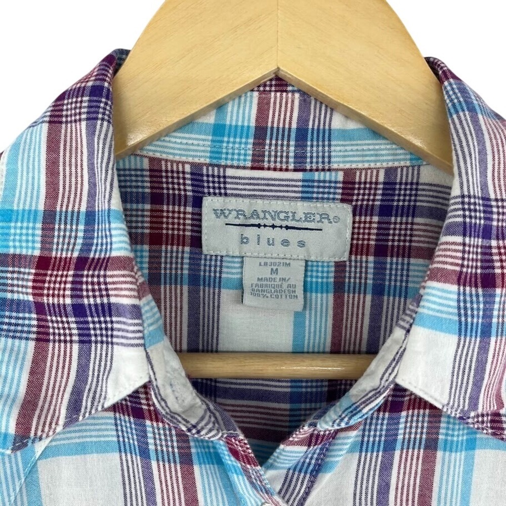 Wrangler Blues Shirt Womens Medium Long Sleeve Pearl Snap Plaid Purple Blue Red - Picture 4 of 9